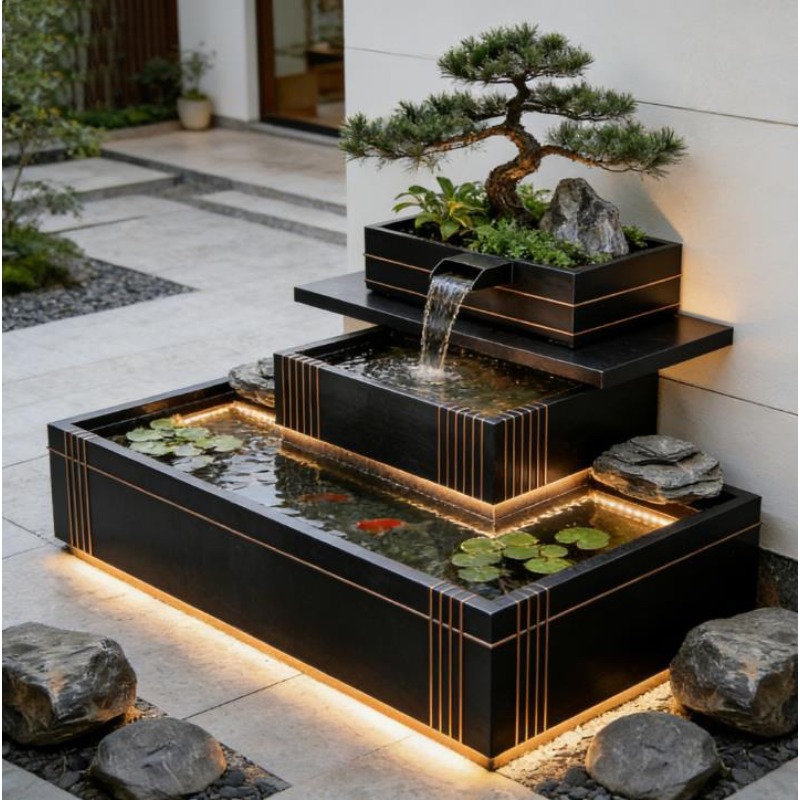 Bonsai Garden With Koi Pond - ステンレス製の滝の装飾 - 高級屋外鯉池と盆栽鉢、玄関ヴィラのモダンな庭園装飾