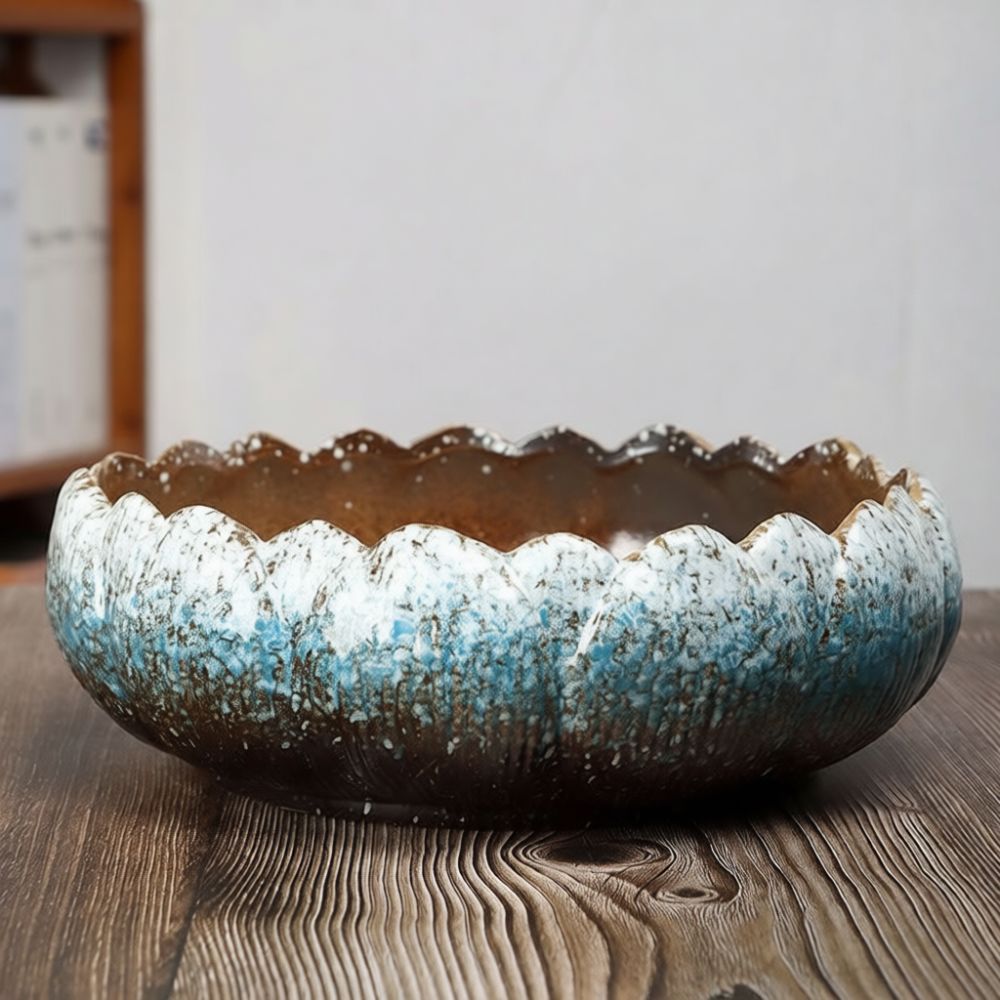 Bonsai Garden Art - 大口径の陶器製多肉植物鉢。手作りの粗陶で、通気性の良い花器として、また、家庭菜園や庭の装飾にも最適。
