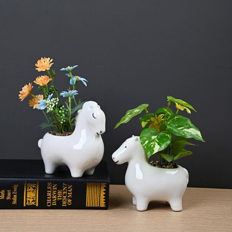 Bonsai Garden Art - 白い磁器製の創造的な馬の形をした植木鉢、緑の植物鉢、盆栽用花瓶、プランター、庭の芸術、屋内バルコニーの装飾